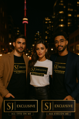 Groupe d’amis branchés à Toronto portant le T-shirt SJ EXCLUSIVE au logo doré « ALL EYES ON ME » – ambiance soirée urbaine.