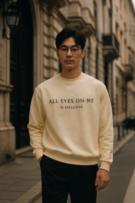 Mannequin chic à Milan portant le sweat SJ EXCLUSIVE beige “ALL EYES ON ME” – sweatshirt premium, look élégant et décontracté.