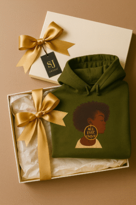 Coffret cadeau luxe avec hoodie vert olive SJ EXCLUSIF « ALL EYES ON ME » — sweat à capuche premium, ruban doré, édition limitée