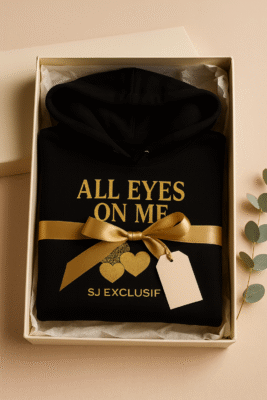 Hoodie noir premium SJ EXCLUSIF « ALL EYES ON ME » en coffret cadeau, ruban doré — idée cadeau de luxe