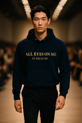 Mannequin défilant en hoodie premium SJ EXCLUSIF « ALL EYES ON ME » bleu marine, impression dorée — sweat de luxe
