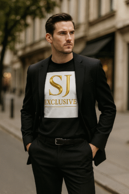 Homme élégant portant un t-shirt noir SJ Exclusive premium avec logo doré édition limitée luxe mode