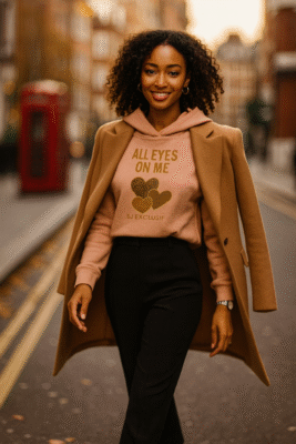 Femme noire à Londres portant crop hoodie premium SJ EXCLUSIF « ALL EYES ON ME » rose poudré, logo doré — streetwear chic