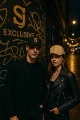 Lifestyle urbain de nuit : deux modèles portent la casquette trucker SJ EXCLUSIVE avec logo SJ brodé 3D or devant un mur à graffitis