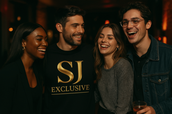 Groupe d’amis en soirée, l’un porte le T-shirt SJ EXCLUSIVE noir logo doré – lifestyle mode urbaine chic