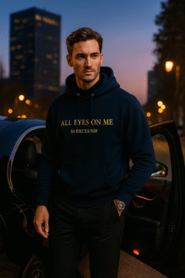 Homme sortant d’une voiture de luxe portant le hoodie premium SJ EXCLUSIF « ALL EYES ON ME » bleu marine, impression dorée — sweat de luxe.