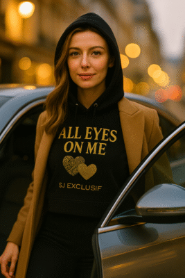 Femme sortant d’une voiture de luxe en hoodie noir premium SJ EXCLUSIF « ALL EYES ON ME » logo doré — streetwear chic unisexe