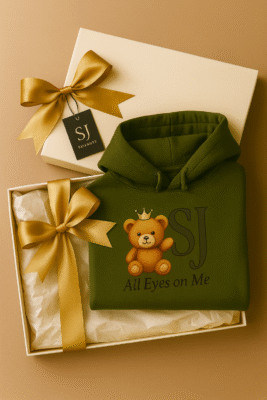 Hoodie court vert olive SJ EXCLUSIF « All Eyes on Me » en boîte cadeau ruban doré – sweat à capuche premium, idée cadeau luxe streetwear chic