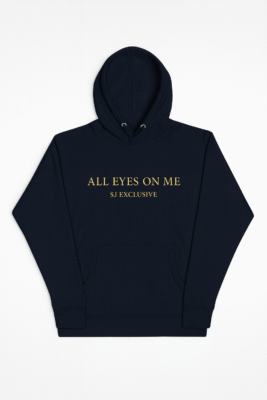 Hoodie premium de luxe SJ EXCLUSIF « ALL EYES ON ME » — sweat marine, impression dorée, vue de face