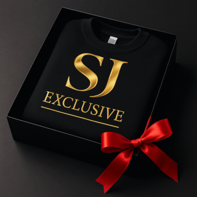 Sweat-shirt noir SJ EXCLUSIVE avec logo doré, plié dans une boîte cadeau ruban rouge – idée cadeau luxe, édition limitée, prêt à offrir