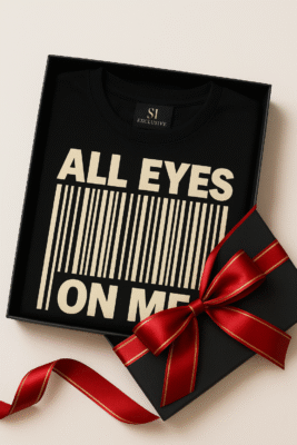 T-shirt noir ALL EYES ON ME SJ EXCLUSIVE plié dans boîte cadeau luxe ruban rouge or – idée cadeau mode premium homme 