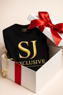T-shirt premium homme SJ Exclusive noir logo doré présenté dans un coffret cadeau luxe avec ruban rouge