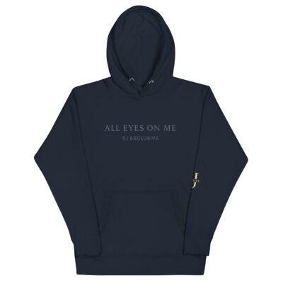 Hoodie premium bleu marine SJ EXCLUSIF « ALL EYES ON ME » – sweat à capuche chic unisexe, logo doré, édition limitée, style haut de gamme