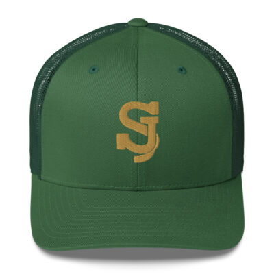 Casquette trucker rétro verte Evergreen SJ EXCLUSIVE avec logo SJ brodé 3D or, maille arrière et fermeture ajustable