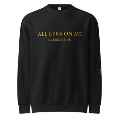 Sweatshirt premium noir SJ EXCLUSIVE « ALL EYES ON ME » avec logo doré – vue de face, style luxe streetwear