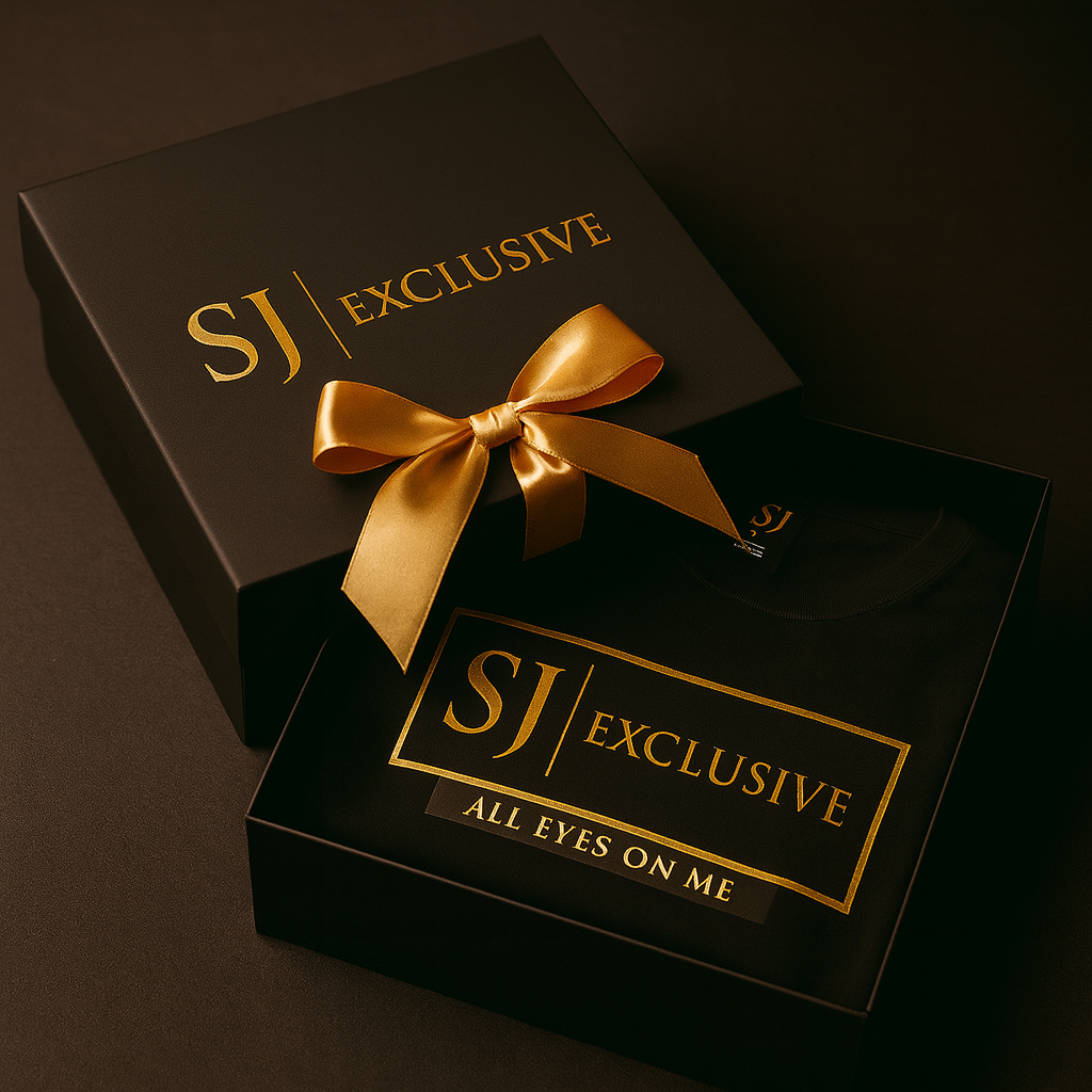 Boîte cadeau luxe SJ EXCLUSIVE noire avec logo doré et ruban or, t-shirt “ALL EYES ON ME” à l’intérieur – option cadeau premium.