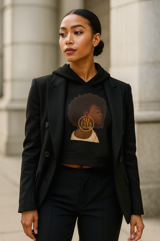 Femme élégante en blazer noir portant un sweat SJ Exclusive All Eyes On Me, mode urbaine chic et tendance premium.