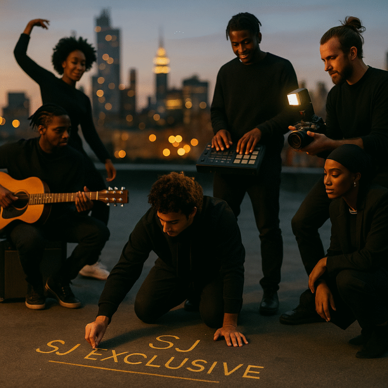 Créatifs sur un rooftop au crépuscule dessinant SJ EXCLUSIVE — photographes, musiciens et danseurs, collaboration streetwear premium.