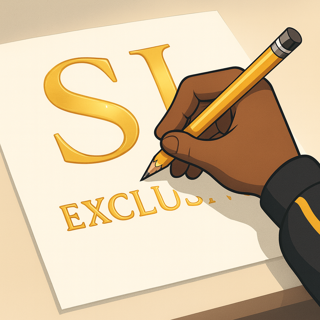 Illustration 2D : main dessinant le logo doré SJ EXCLUSIVE au crayon — identité visuelle, marque streetwear premium, style urbain.