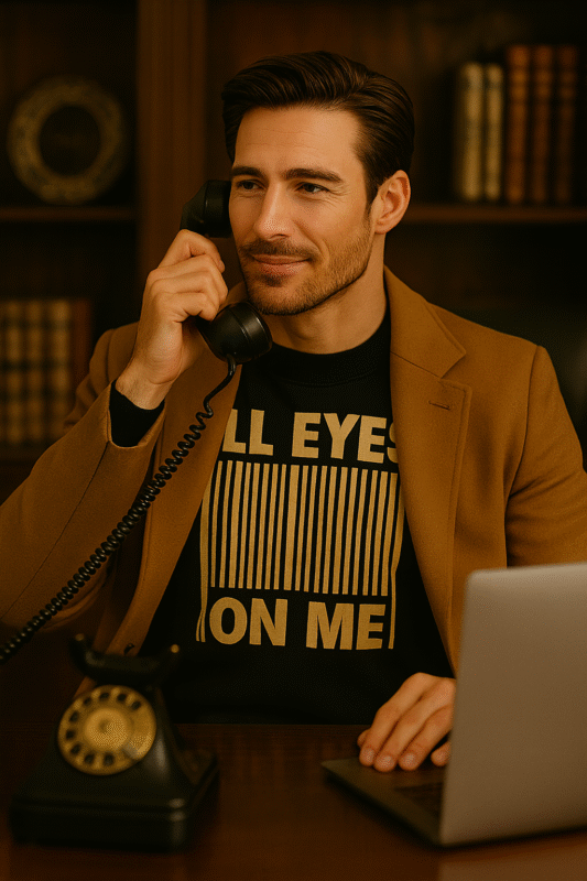 Conseiller SJ Exclusive au téléphone vintage – contact service client mode urbaine de luxe.