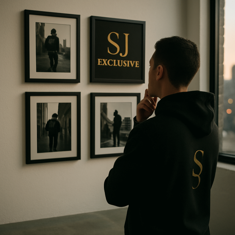 Homme en hoodie noir SJ EXCLUSIVE, main sous le menton, observant ses œuvres encadrées dans une galerie — streetwear premium.