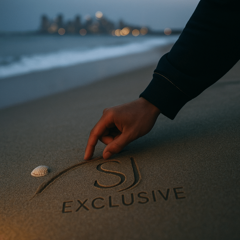 Main dessinant le logo SJ EXCLUSIVE dans le sable au crépuscule, plage et skyline floutée — inspiration d’une marque streetwear premium.