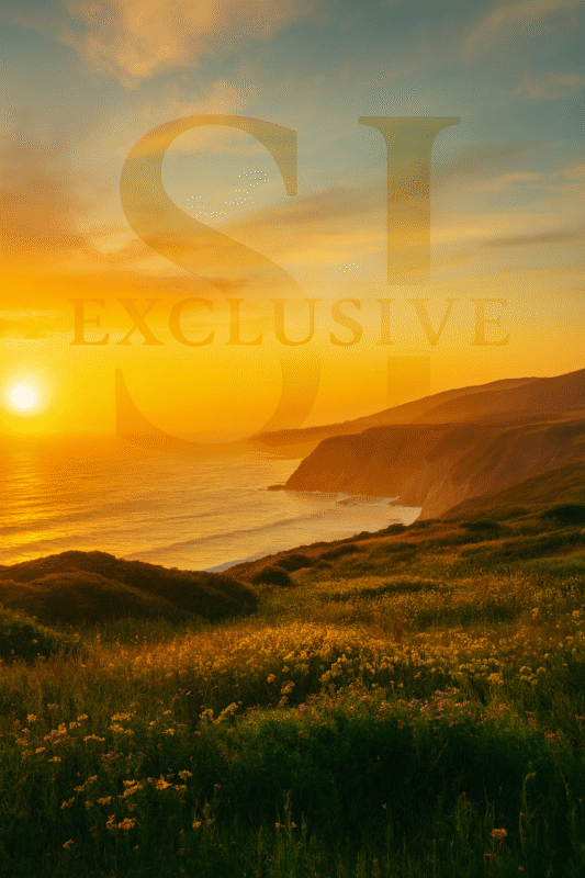 Côte au soleil couchant et fleurs d’été, logo SJ EXCLUSIVE en filigrane — inspiration streetwear premium.