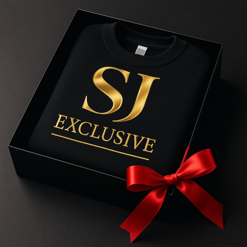 Sweat-shirt noir SJ EXCLUSIVE avec logo doré, plié dans une boîte cadeau ruban rouge – idée cadeau luxe, édition limitée, prêt à offrir