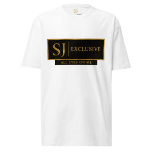 T-shirt blanc premium SJ EXCLUSIF avec logo doré « ALL EYES ON ME », coupe unisexe chic, streetwear de luxe.