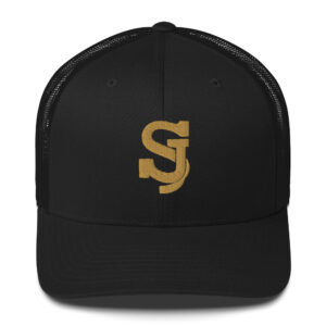 Casquette trucker rétro noire SJ EXCLUSIVE avec logo SJ en broderie 3D or, maille arrière et fermeture ajustable