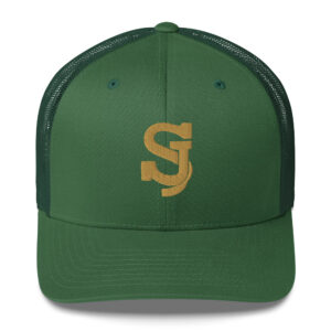 Casquette trucker rétro verte Evergreen SJ EXCLUSIVE avec logo SJ brodé 3D or, maille arrière et fermeture ajustable