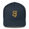 Casquette trucker bleu marine SJ EXCLUSIVE avec logo SJ brodé 3D or, maille arrière et fermeture ajustable