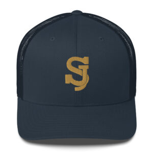 Casquette trucker bleu marine SJ EXCLUSIVE avec logo SJ brodé 3D or, maille arrière et fermeture ajustable