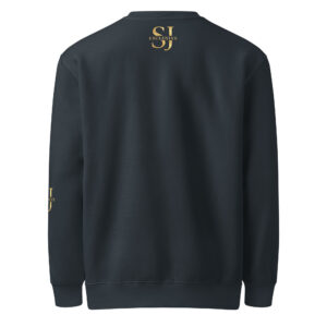 Dos du sweat-shirt SJ EXCLUSIVE bleu nuit, logo SJ doré au col, coupe premium en molleton 65% coton 35% polyester.
