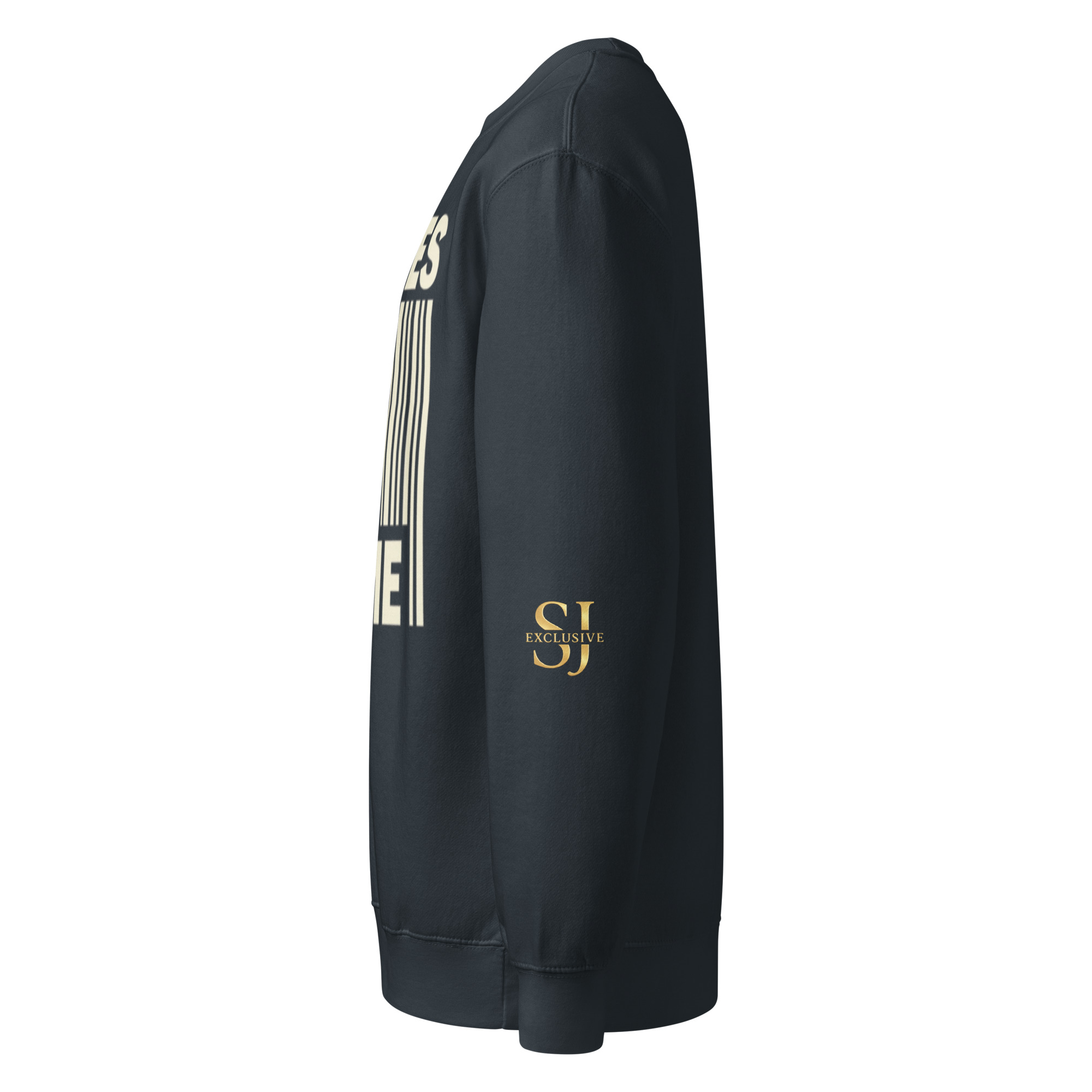 Sweat premium col rond noir SJ EXCLUSIF, vue de profil, logo doré sur la manche, coton heavyweight, streetwear chic édition limitée