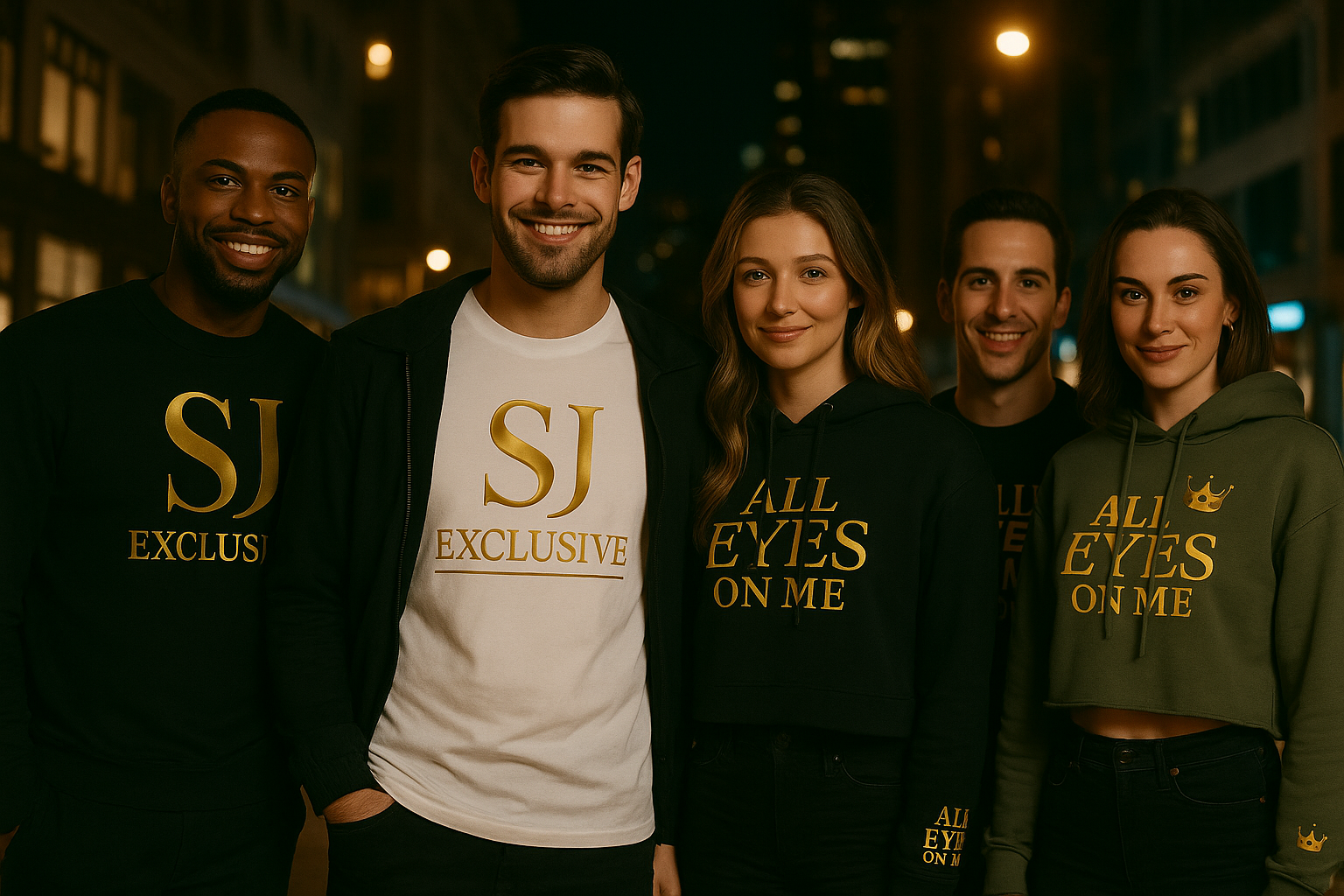 Groupe de mannequins portant les vêtements SJ EXCLUSIVE – T-shirt blanc et hoodie ALL EYES ON ME – Mode urbaine chic soirée élégante