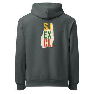 Dos d’un hoodie gris foncé SJ EXCLUSIF avec logo vertical SJ EXCL multicolore – sweat premium homme streetwear