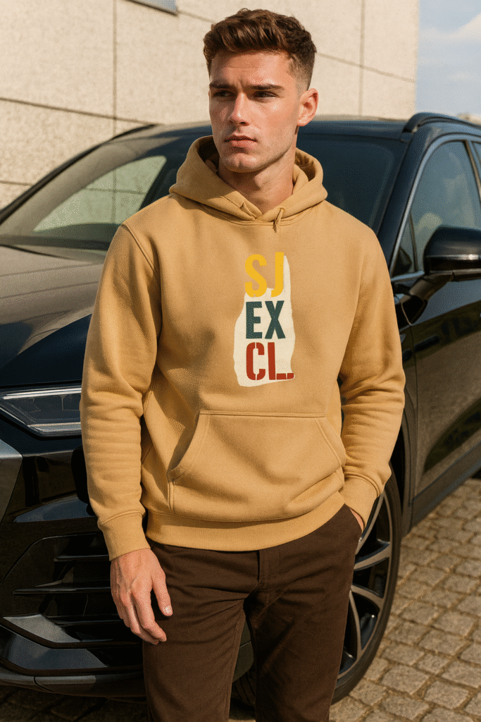 Hoodie camel SJ EXCLUSIF pour homme – logo SJ EXCL multicolore – style streetwear premium porté en extérieur